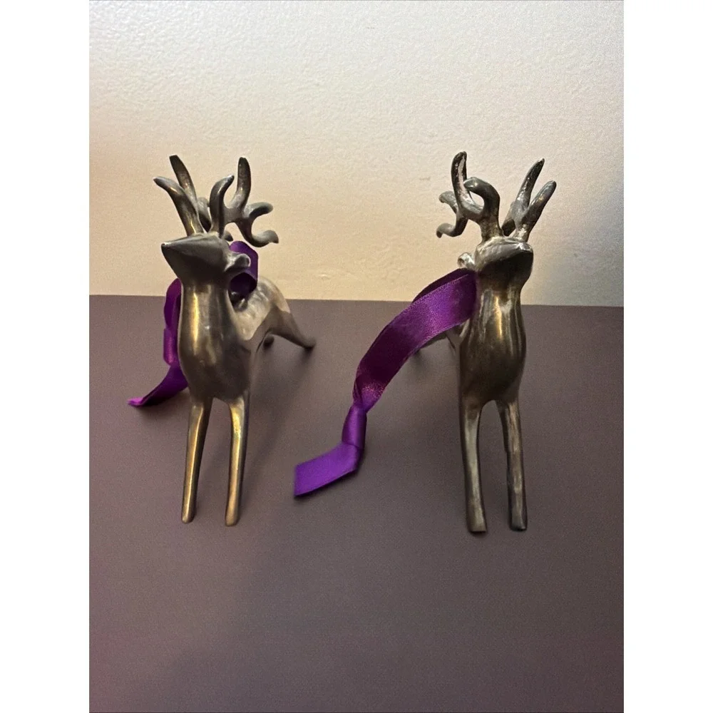 Vintage Pottery Barn Solid Silver Plate Reindeer Ornaments Pair Holiday Patina